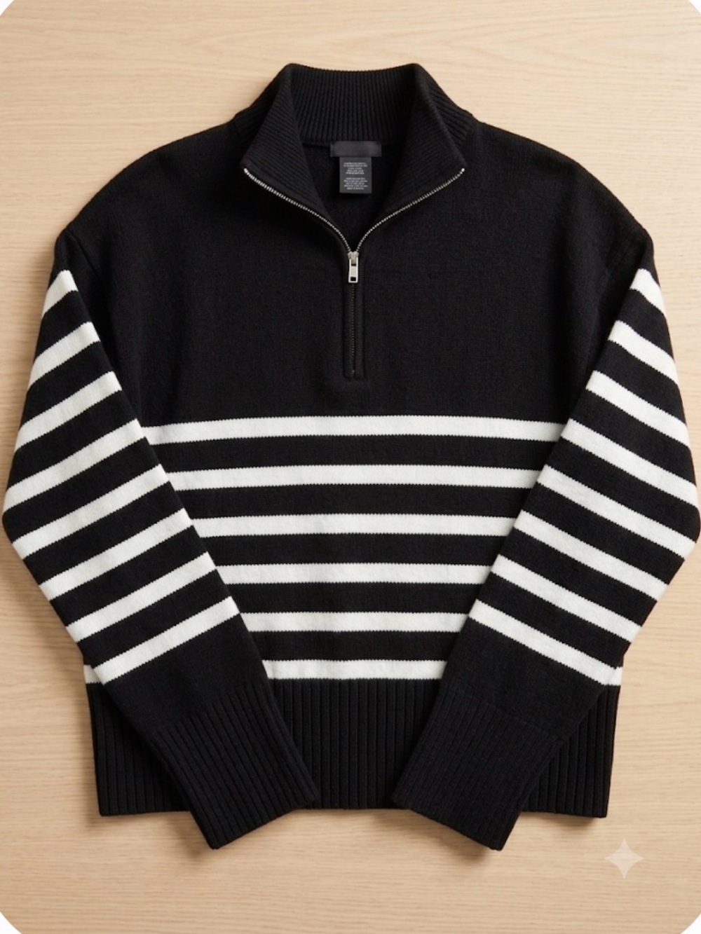 DKNY Quarter-Zip Striped Sweater Women’s L Black White